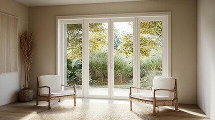 Fototapeta premium Interior room with sunlight, two chairs, and a garden view through the glass doors