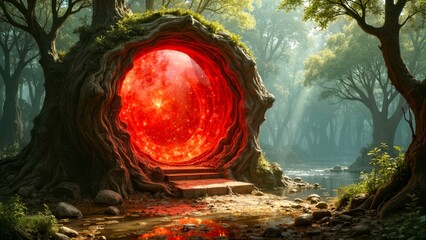 Luminous circular art scene in the forest