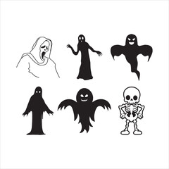 Collection of six spooky cartoon ghosts and a skeleton illustration for halloween