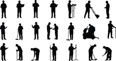 Silhouettes of Janitors, Technicians, and Maintenance Workers Using Tools and Cleaning Equipment for Facility Services and Industrial Job TasksSilhouettes 