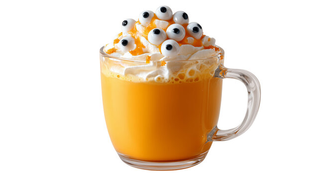 Autumn arrangement with a pumpkin latte cup, cinnamon sticks, maple leaves on transparent png background. Ai generated