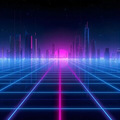 A glowing 3D cyber city background with neon blue and pink grid lines, abstract skyscrapers, and a reflective horizon — futuristic sci-fi style.
