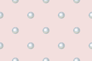 Simple seamless pattern with blue pearl on pink background in watercolor. Hand drawn elegant round shape in minimal polka dot design. Great for vintage fabric or wallpaper. Perfect for luxury print.