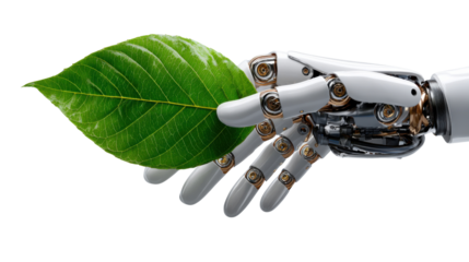 Synthetic Symbiosis: An advanced robotic hand delicately holds a vibrant green leaf, representing the delicate balance between technological innovation and environmental preservation.