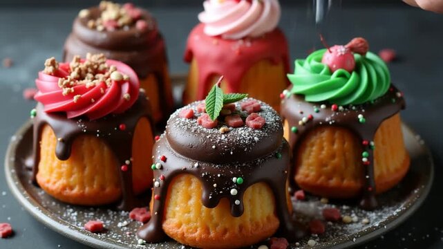 Sweet Madeleines desserts covered with chocolate in Christmas colors, with various toppings on a dark concrete background