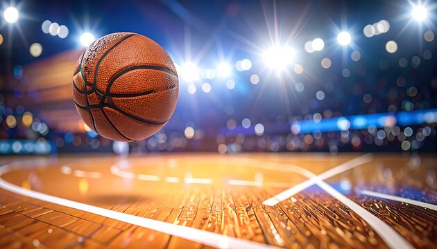 Dynamic basketball in motion over a brightly lit court, capturing the energy of the game.