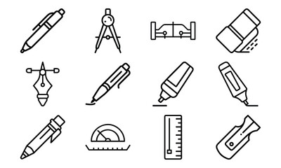 Essential Stationery and Drawing Tools Icons – Pen, Fountain Pen, Marker, Highlighter, Compass, Ruler, Protractor, Sharpener and Design Equipment Outline Set for School, Office and Creative Work