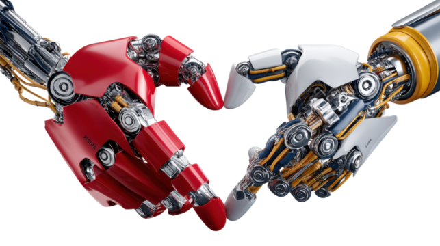 Robotic Heart: Two advanced robots, with metallic red and white hands, interlock fingers to form a heart, representing the fusion of technology and emotion. 
