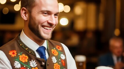 Smiling man in traditional german attire holds two large beer mugs, showcasing festive atmosphere and celebration, embodying joy and camaraderie during a oktoberfest beer festival