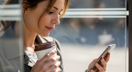 Elegant woman checking her smartphone while enjoying a morning coffee by a window.