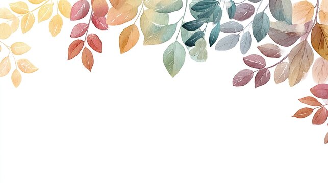 A row of small, pastel-colored leaves arranged in the lower left corner on a white background, with different shades and shapes forming an autumn-themed border that adds warmth to designs.