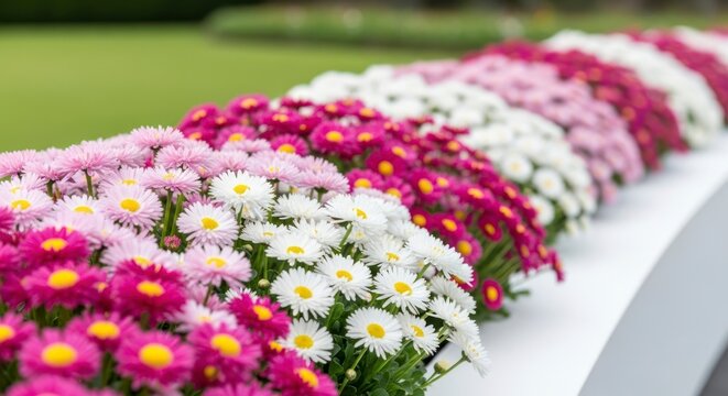A vibrant display of pink, white, and purple daisies lines a modern planter, creating a beautiful outdoor garden arrangement.