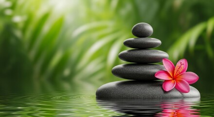 Obraz premium A serene zen garden scene depicts a balanced stack of dark stones, a vibrant pink flower, and tranquil water.