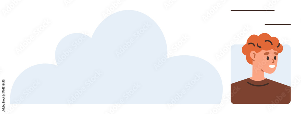 Poster large cloud beside user profile portrait of a smiling individual. ideal for cloud computing, online 
