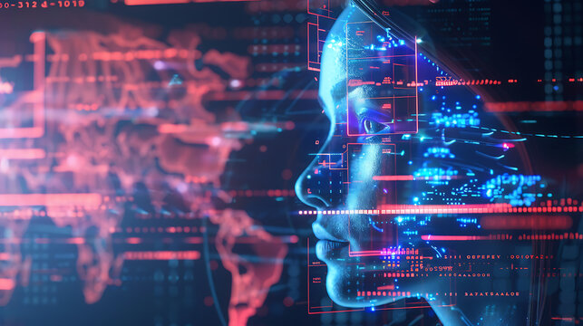 Digital human profile with futuristic data overlays and world map in background