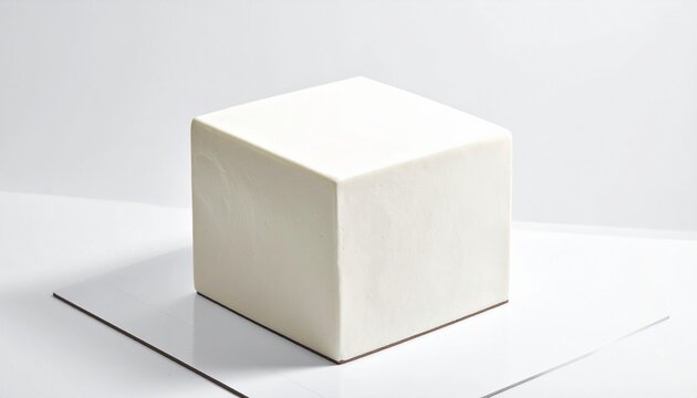 Rectangular white fondant cake with sharp edges on textured surface and peach-toned background
