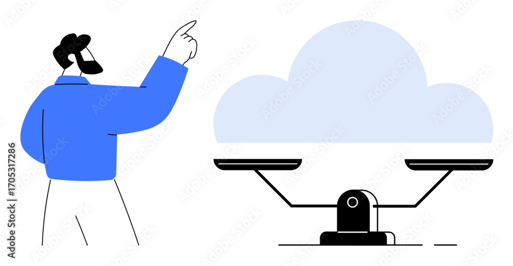 Aufkleber man pointing at a balance scale and cloud, suggesting evaluation and choice. ideal for decision-maki