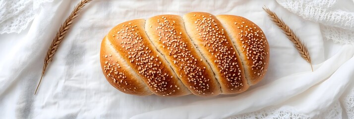 Fresh challah bread, braided with sesame seeds, on a white tablecloth with wheat stalks for Rosh Hashana holiday. Traditional Jewish food.