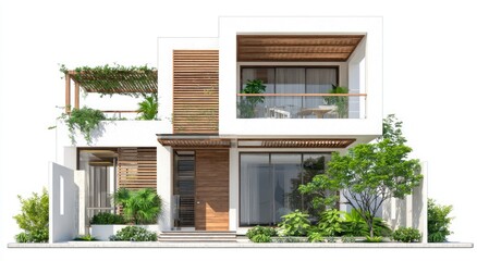 Modern two-story home with a wooden facade and balcony.  Front exterior view, featuring a covered patio, lush landscaping, and a contemporary design