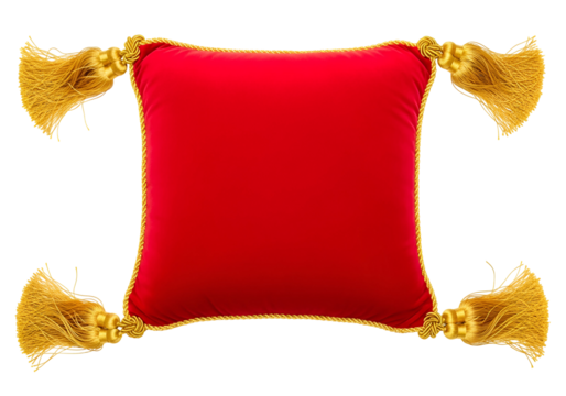 A rich, crimson velvet pillow, highlighted by ornate, golden tassels, stands out against a stark black backdrop.