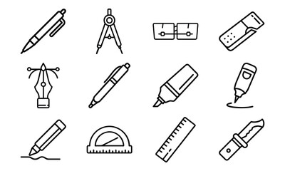Essential Stationery and Drawing Tools Icons – Pen, Fountain Pen, Marker, Highlighter, Compass, Ruler, Protractor, Sharpener and Design Equipment Outline Set for School, Office and Creative Work