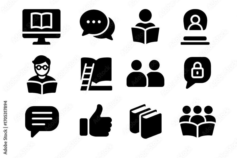 Aufkleber library comment icons system book private chat likes discussion vector virtual session