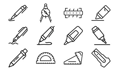 Essential Stationery and Drawing Tools Icons – Pen, Fountain Pen, Marker, Highlighter, Compass, Ruler, Protractor, Sharpener and Design Equipment Outline Set for School, Office and Creative Work
