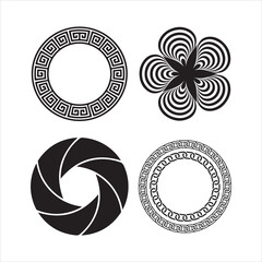 Four decorative circular graphic elements including greek key flower and aperture designs