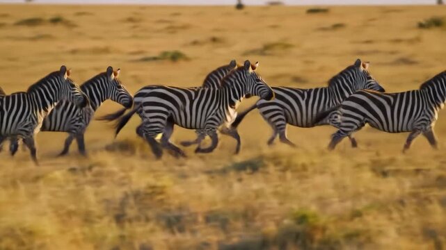 Group of zebras running across the grassland at daytime, African wildlife scene.