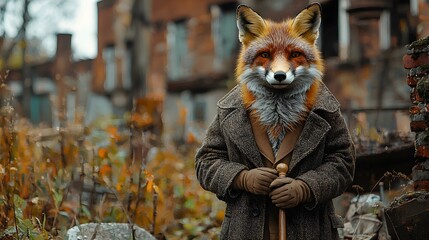A sophisticated fox in vintage attire stands with a cane in autumnal ruins