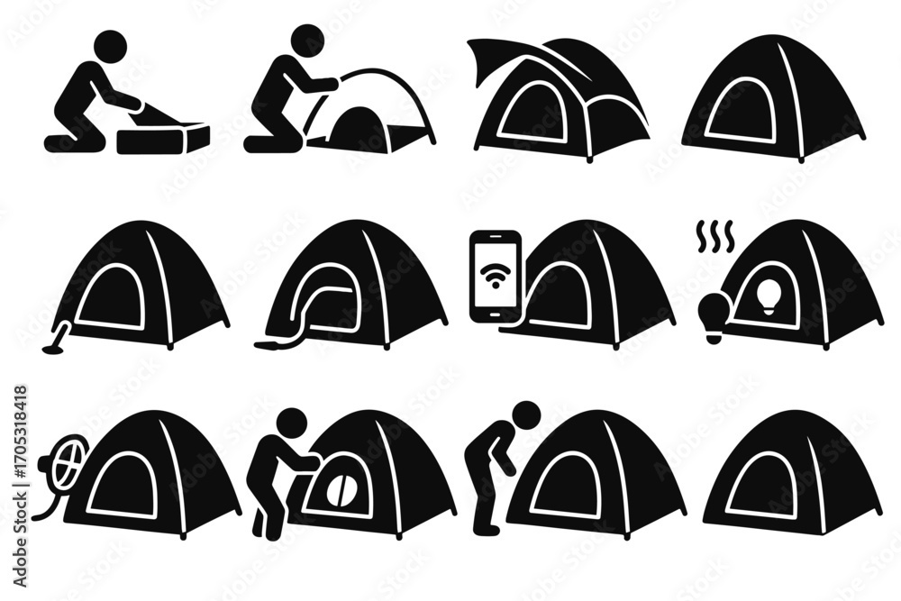 Aufkleber icons testing deploying poles cyber unpacking tent assembling ready icon vector securing
