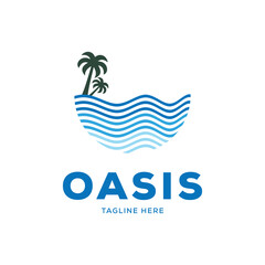 Illustration of a beautiful beach with calm palm trees and waves logo design.