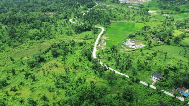 Aerial view of a winding road cutting through lush green vegetation with fields and scattered buildings, creating a vibrant landscape, Bundu, Jharkhand, India.