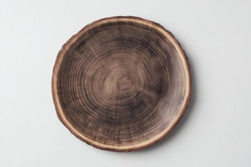 A rustic, dark brown wooden plate, circular, showing tree rings, sits on a plain white background; top-down view