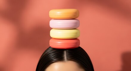 Minimalist Stacked Round Shape Soap Bars on Woman's Head Beauty Shot