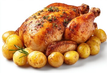 Roasted chicken with potatoes.  Golden-brown roasted chicken, seasoned and crispy.  Small, roasted potatoes surrounding the chicken.  Fresh herbs visible.  Isolated on white background