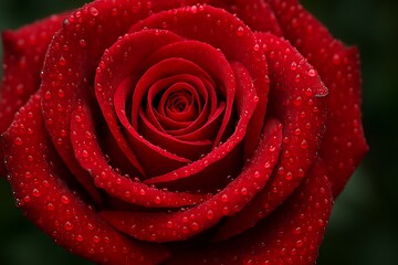 Close-up of a red rose adorned with delicate water droplets, highlighting its vibrant color and texture.