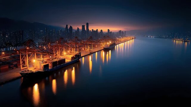 Busy Container Terminal at City Port Under Night
