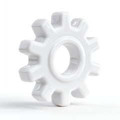 A three-dimensional, glossy white cogwheel, isolated on a white background, displays a smooth, slightly rounded texture