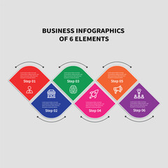 A geometric infographic featuring a zig-zagging path of six diamond-shaped elements for a multi-step process.