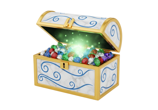 An ornate treasure chest, brimming with colorful jewels, bursts forth with an ethereal glow, showcasing its hidden riches against a stark black backdrop.