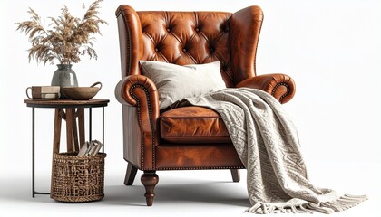 Brown Leather Tufted Armchair with Blanket on Transparent Background