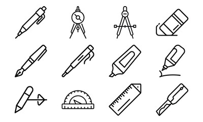 Essential Stationery and Drawing Tools Icons – Pen, Fountain Pen, Marker, Highlighter, Compass, Ruler, Protractor, Sharpener and Design Equipment Outline Set for School, Office and Creative Work