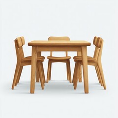 Simple light-wood dining set square table, four matching chairs, minimalist design, isolated on white