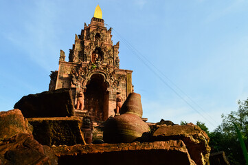 Old Terracotta Pagoda Lanna Architecture, Symbols of Buddhism, South East Asia at The Terracotta Architecture Garden Lamphun, Northern Thailand.