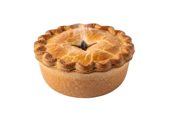 A golden-brown, savory pie, baked to perfection, is presented against a striking black background.