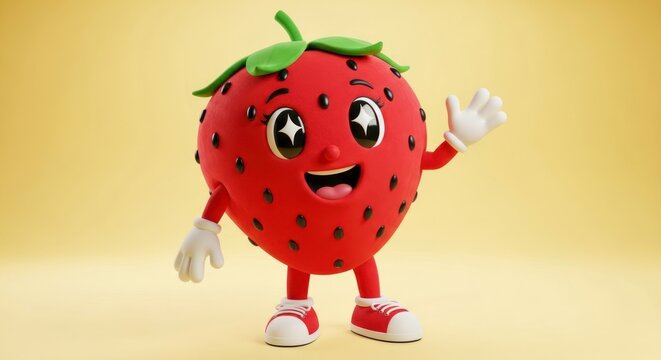 A cheerful, cartoon strawberry character, with wide eyes and a happy expression, stands and waves.