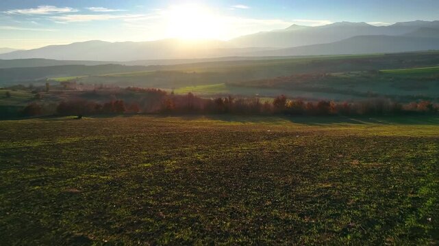 Beautiful countryside, rolling fields, reddish trees, golden hour, drone flight