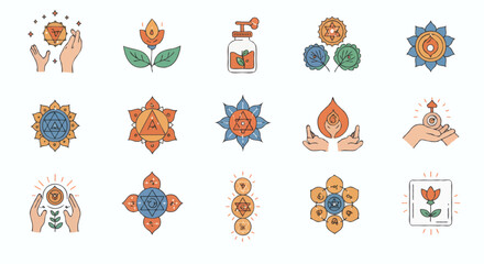 Esoteric icon set with chakra, mandala, and healing symbols for spiritual wellness and design