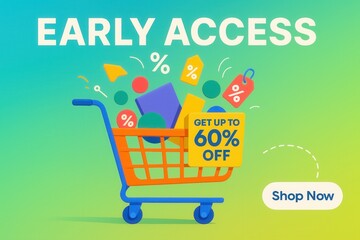 Early Access with GET UP TO 60% OFF discount offer, vibrant playful style, enticing retail promotion banner.
